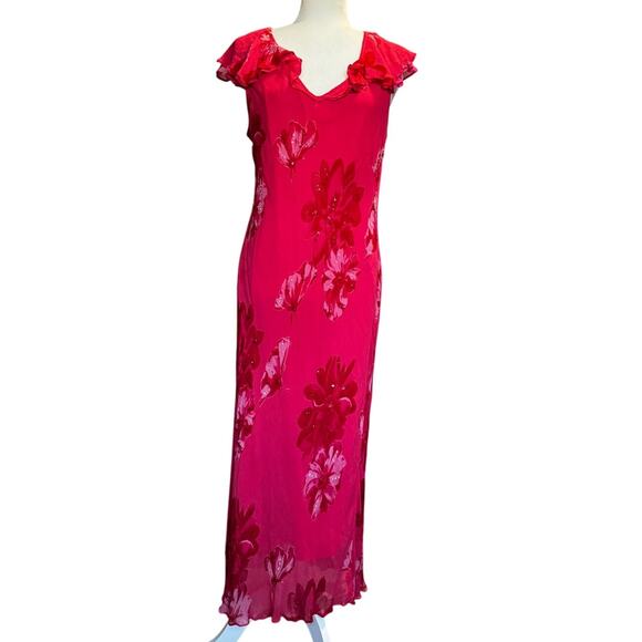 Paradise NY Pink Red Floral Beaded Midi Dress Bias Cut Y2K Romantic Boho (XL) - Picture 2 of 9